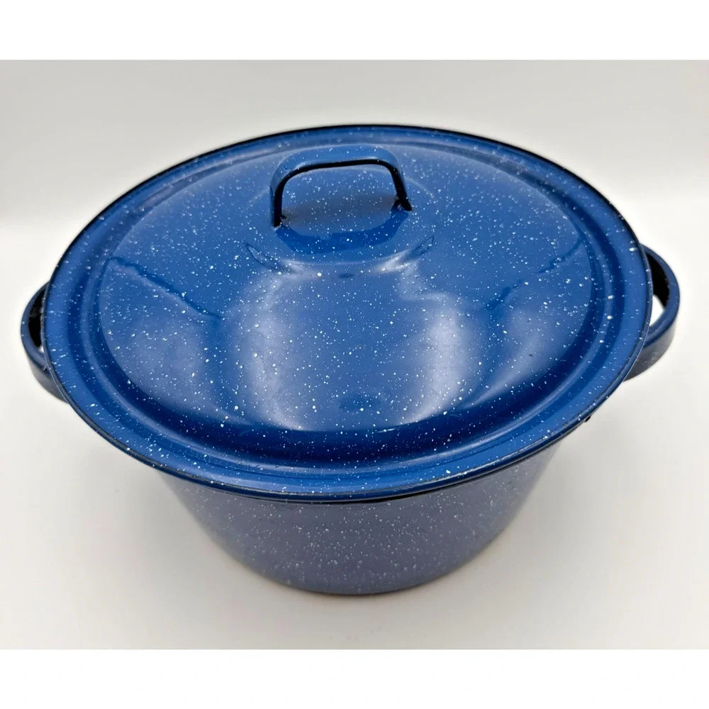 Vintage Farmhouse Royal Blue Speckled Enamel Stock Pot Graniteware Distressed